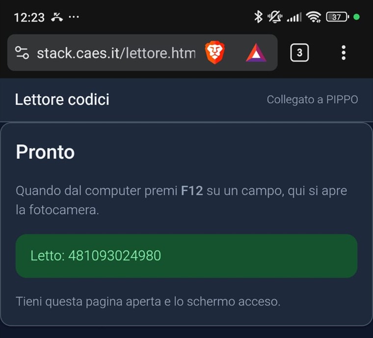 Lo schermo del telefono conferma il codice appena letto: Letto 481093024980