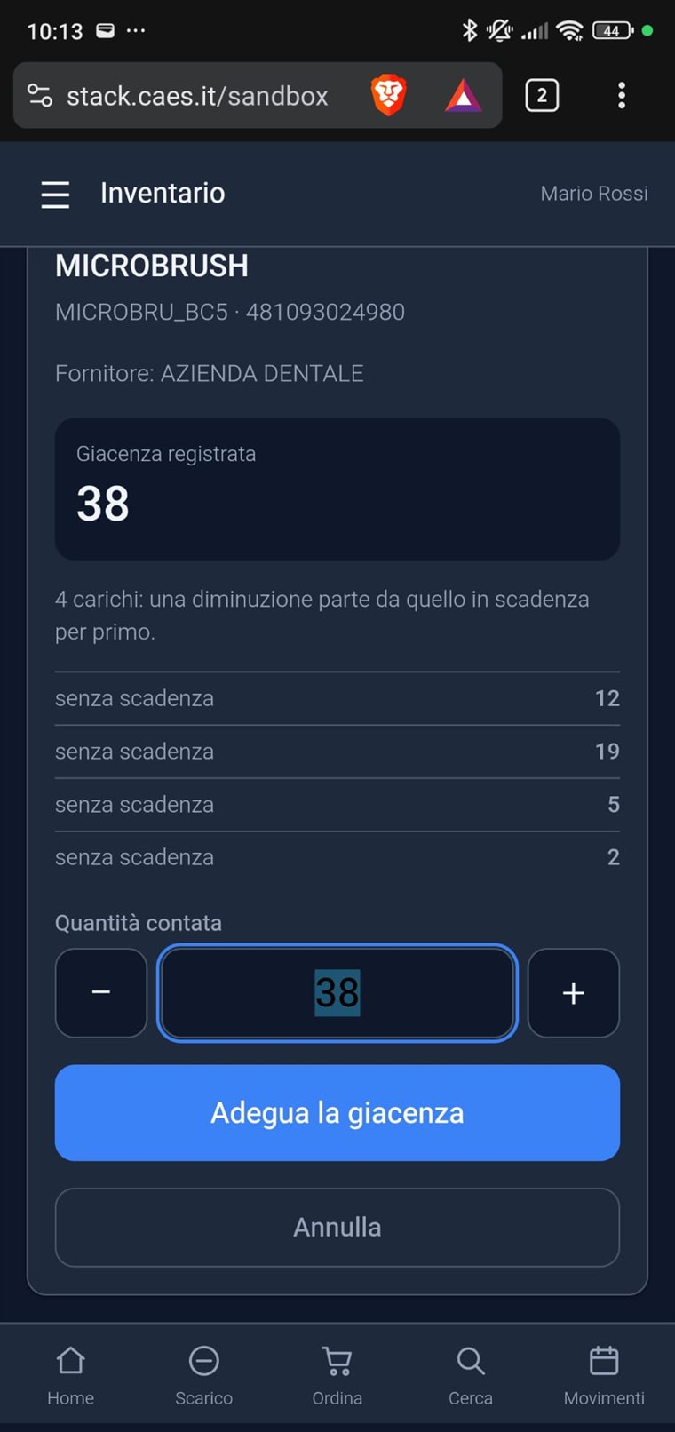 Inventario dal telefono: quantita' contata e adeguamento della giacenza
