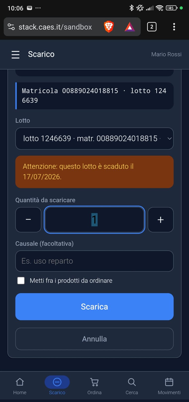 Scarico dal telefono: Stack avvisa che il lotto selezionato e' gia' scaduto