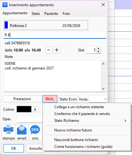 La finestra dell'appuntamento in Horizon con il pulsante Rich. e il menu dei richiami aperto.