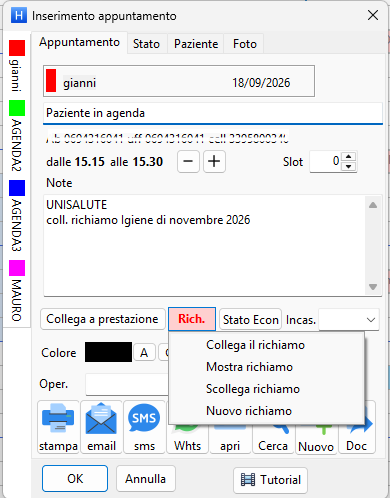 Scheda di un appuntamento con collegamento ad un richiamo.